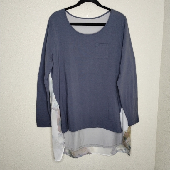 Soft Surroundings Grey Blue Long Sleeve Sheer Back High Low Pocket Tee Size 1X - Picture 2 of 8